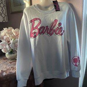 New Barbie Medium White Pink Sweater Pullover Crewneck Logo Lettering Sweatshirt